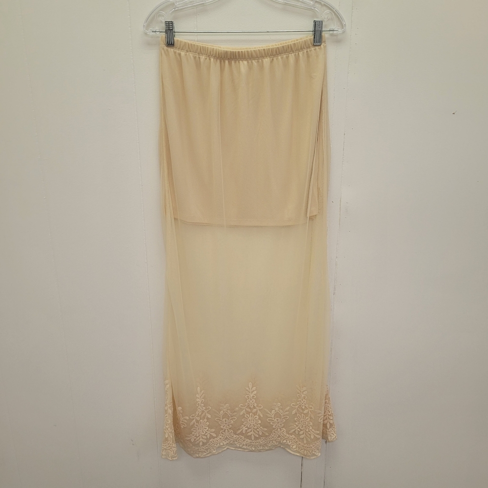 L8teR Sheer Floral Embroidery Scallop Hem Maxi Skirt